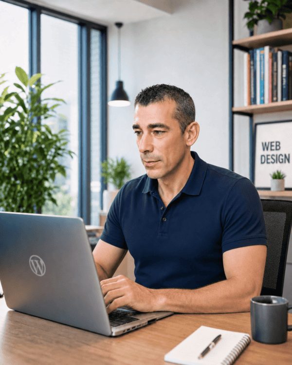 Luis, diseñador web freelance, trabajando con WordPress en su estudio